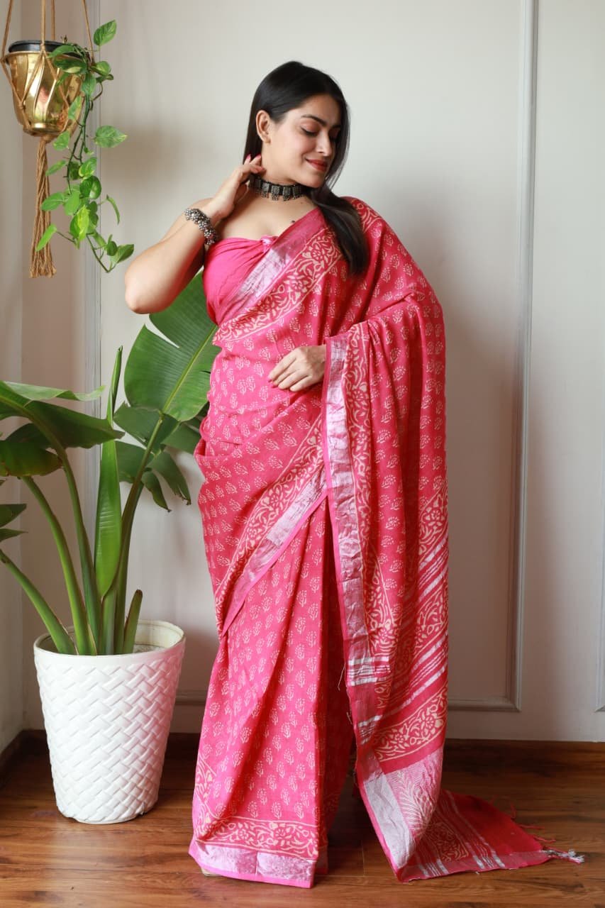 Hand Block Printed Linen Saree with Blouse